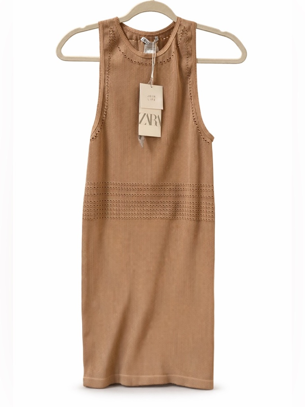 NWT ZARA Bodycon Ribbed Knit Tank Dress in Camel Latte Brown - Size M/L